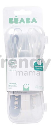 Prvé tréningové lyžičky First Age Silicone Spoons Pebble Cloud Blue Duo Beaba zo silikónu na samostatné jedenie v praktickom obale 2 kusy modro-biele 