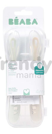 Prvé tréningové lyžičky First Age Silicone Spoons Clay Misty Green Duo Beaba zo silikónu na samostatné jedenie v praktickom obale 2 kusy hnedo-zelené 