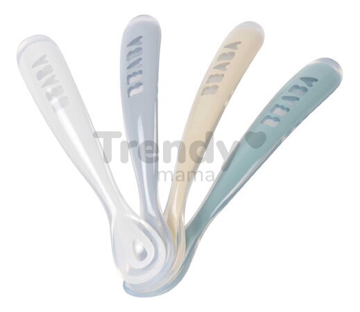 Prvé tréningové lyžičky First Age Silicone Spoons Pebble Cloud Blue Baltic Blue Clay Set Beaba zo silikónu na samostatné jedenie 4 kusy od 4 mes BE913
