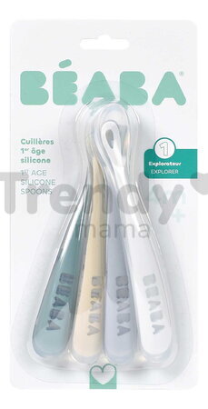 Prvé tréningové lyžičky First Age Silicone Spoons Pebble Cloud Blue Baltic Blue Clay Set Beaba zo silikónu na samostatné jedenie 4 kusy od 4 mes BE913