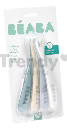 Prvé tréningové lyžičky First Age Silicone Spoons Pebble Cloud Blue Baltic Blue Clay Set Beaba zo silikónu na samostatné jedenie 4 kusy od 4 mes BE913