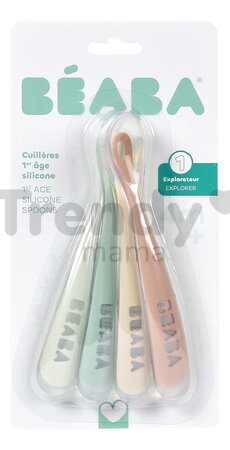 Prvé tréningové lyžičky First Age Silicone Spoons Natural Set Beaba zo silikónu na samostatné jedenie 4 kusy od 4 mes BE913625