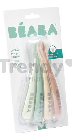 Prvé tréningové lyžičky First Age Silicone Spoons Natural Set Beaba zo silikónu na samostatné jedenie 4 kusy od 4 mes BE913625