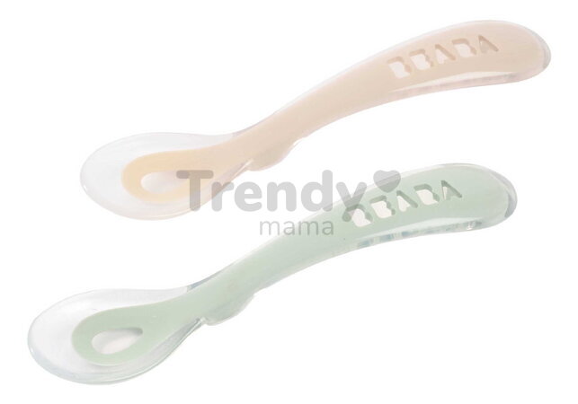 Tréningové lyžičky Second Age Silicone Spoons Clay Misty Green Beaba zo silikónu na samostatné jedenie 2 kusy zeleno-hnedé od 8 mes