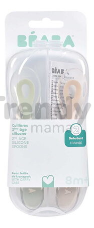 Tréningové lyžičky Second Age Silicone Spoons Clay Misty Green Beaba zo silikónu na samostatné jedenie 2 kusy zeleno-hnedé od 8 mes