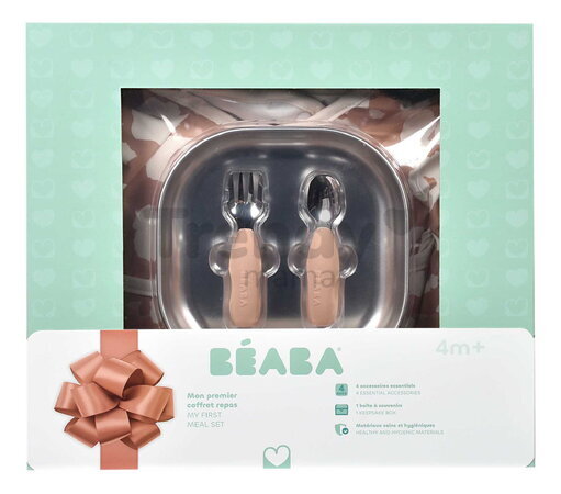 Jedálenská súprava First Meals Gift Set Savannah Bloom Beaba z nehrdzavejúcej ocele 4 dielna v darčekovom balení ružová od 4 mes BE913638
