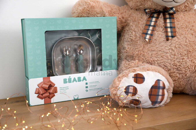 Jedálenská súprava First Meals Gift Set Sage Green Beaba z nehrdzavejúcej ocele 4 dielna v darčekovom balení zelená od 4 mes BE913639