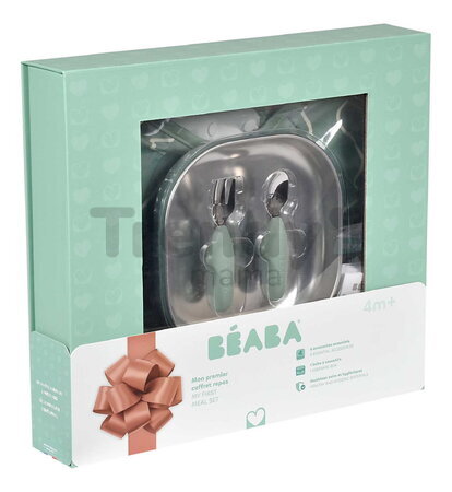 Jedálenská súprava First Meals Gift Set Sage Green Beaba z nehrdzavejúcej ocele 4 dielna v darčekovom balení zelená od 4 mes BE913639