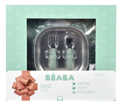 Jedálenská súprava First Meals Gift Set Sage Green Beaba z nehrdzavejúcej ocele 4 dielna v darčekovom balení zelená od 4 mes BE913639