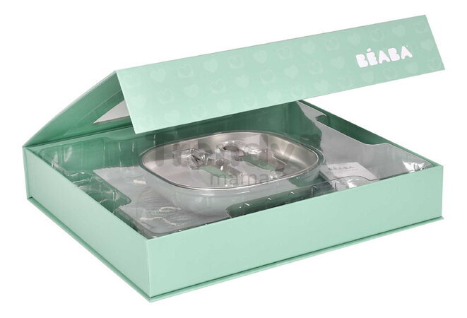 Jedálenská súprava First Meals Gift Set Sage Green Beaba z nehrdzavejúcej ocele 4 dielna v darčekovom balení zelená od 4 mes BE913639