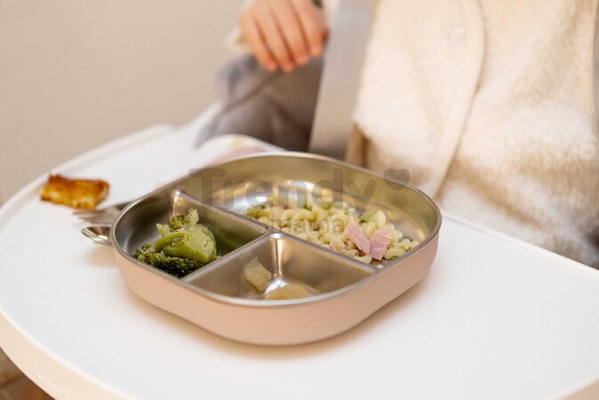 Tanier pre bábätká Stainless Steel Divided Plate Cotton Candy Beaba z nehrdzavejúcej ocele rozdelený ružový od 4 mes BE913640