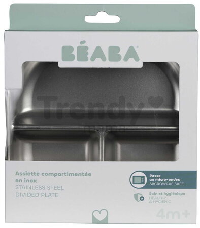 Tanier pre bábätká Stainless Steel Divided Plate Misty Green Beaba z nehrdzavejúcej ocele rozdelený zelený od 4 mes BE913641