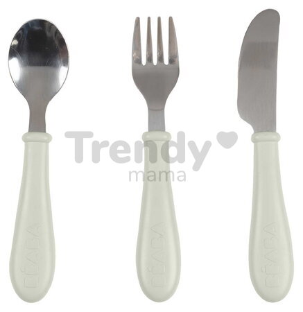 Detský príbor Stainless Steel Cutlery Set Misty Green Beaba z nehrdzavejúcej ocele lyžička vidlička a nôž zelený od 8 mes BE913642