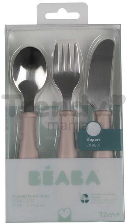Detský príbor Stainless Steel Cutlery Set Cotton Candy Beaba z nehrdzavejúcej ocele lyžička vidlička a nôž ružový od 8 mes BE913643