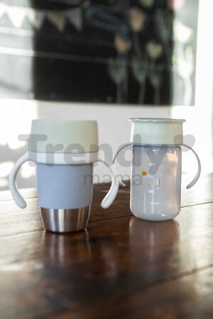 Hrnček pre deti Stainless Steel Learning Cup Click & Drink Pebble Beaba na samostatné pitie z nehrdzavejúcej ocele modro-zelený od 12 mes