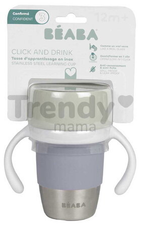 Hrnček pre deti Stainless Steel Learning Cup Click & Drink Pebble Beaba na samostatné pitie z nehrdzavejúcej ocele modro-zelený od 12 mes
