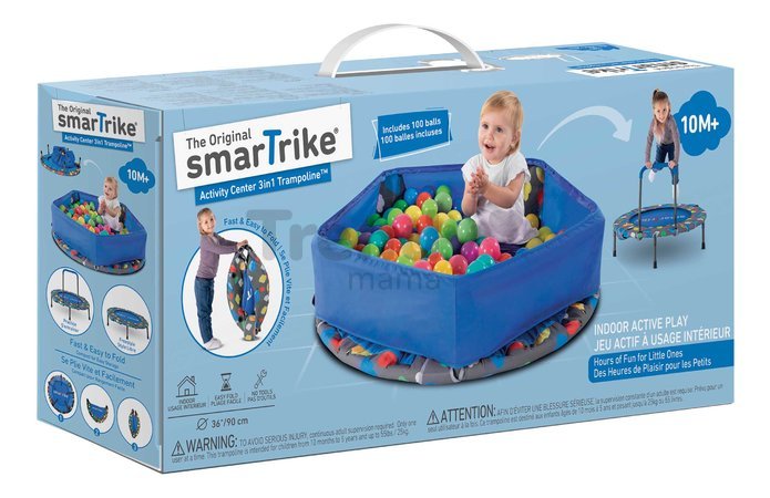 Trampolína Activity Center 3-in-1 smarTrike skladacia okrúhla s obvodom 92 cm s rúčkou bazénom a 100 ks loptičiek od 10 mes
