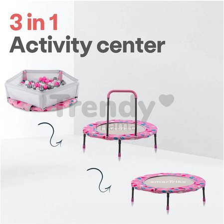 Trampolína Activity Center 3-in-1 Pink smarTrike skladacia okrúhla s obvodom 92 cm s rúčkou bazénom a 100 ks loptičiek od 10 mes