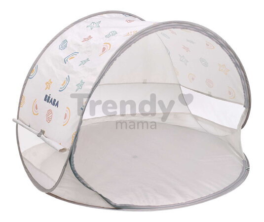 Plážový stan pre deti Breezy Anti UV Tent Clay Earth Beaba s 360° ventiláciou a ochranou proti piesku a hmyzu 120*85 cm béžový so vzorom od 0-36 mes