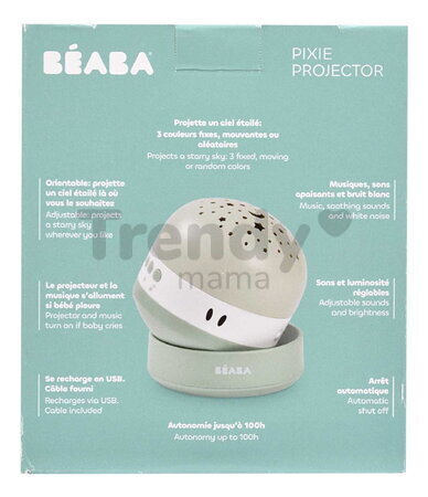 Nočný projektor hviezdnej oblody Pixie Projector Sage Green Beaba s hudbou a zvukmi a so senzorom plaču zelený od 0 mes BE930404