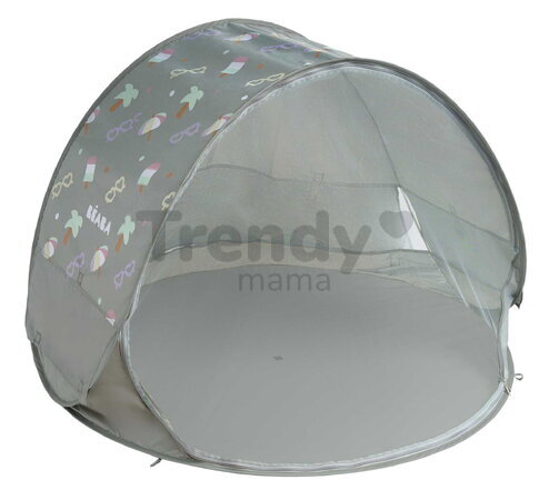 Plážový stan pre deti Breezy Anti UV Tent Lichen Beaba s 360° ventiláciou a ochranou proti piesku a hmyzu 120*85 cm sivý so vzorom od 0-36 mes