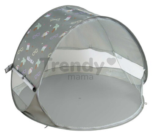Plážový stan pre deti Breezy Anti UV Tent Lichen Beaba s 360° ventiláciou a ochranou proti piesku a hmyzu 120*85 cm sivý so vzorom od 0-36 mes