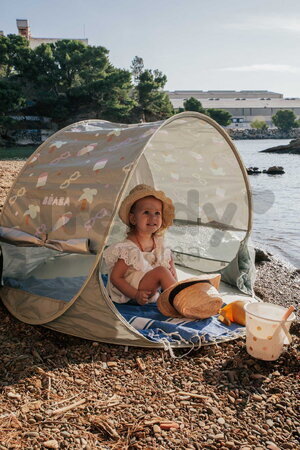 Plážový stan pre deti Breezy Anti UV Tent Lichen Beaba s 360° ventiláciou a ochranou proti piesku a hmyzu 120*85 cm sivý so vzorom od 0-36 mes