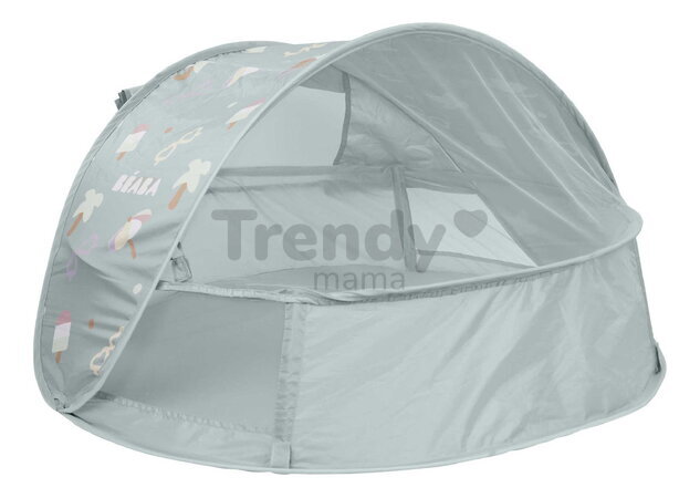 Plážový stan pre deti Breezynest Anti UV Tent Lichen Beaba s 360° ventiláciou a ochranou proti piesku a hmyzu sivý od 0-24 mes