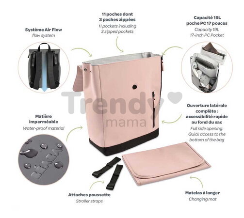 Prebaľovací batoh Oslo Changing Bag Vintage Rose Beaba vodeodolný s prebaľovacou podložkou a popruhmi ku kočíku ružový BE940319