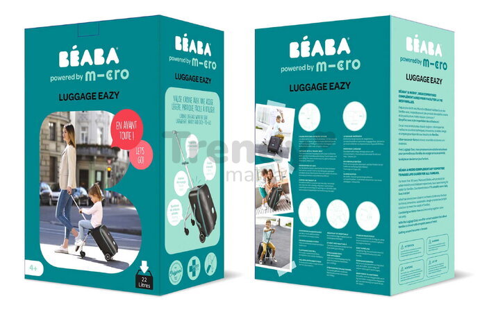 Kufor na kolieskach so sedátkom pre dieťa Travel Case Eazy Luggage Beaba 2v1 s prídavnými kolieskami pre stabilitu 22 l nosnosť až 100 kg čierny BE946