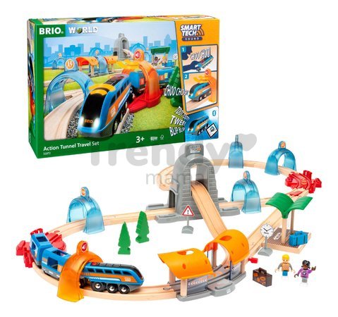 Drevená vláčikodráha s interaktívnymi tunelmi Smart Tech Sound Action Tunnel Travel Set BRIO 37 dielov elektronický vláčik so svetlom a nahrávaním zvu