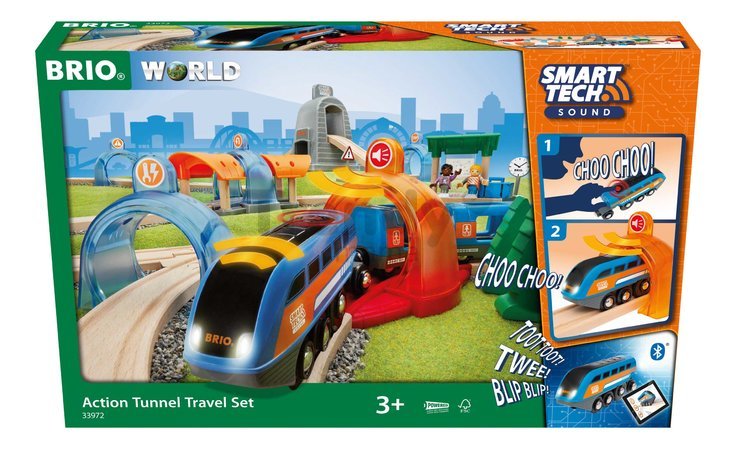 Drevená vláčikodráha s interaktívnymi tunelmi Smart Tech Sound Action Tunnel Travel Set BRIO 37 dielov elektronický vláčik so svetlom a nahrávaním zvu
