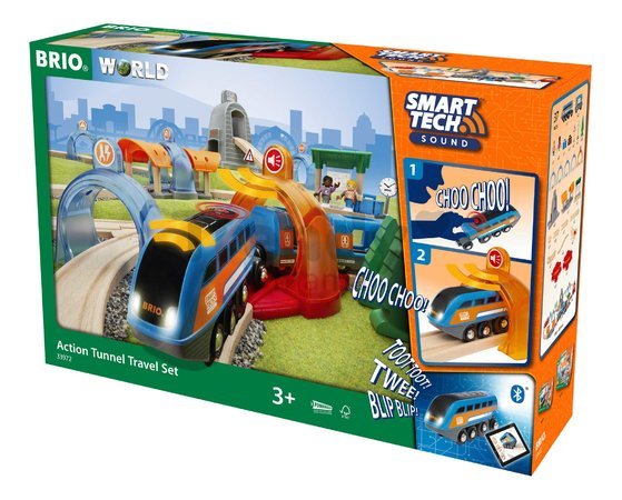 Drevená vláčikodráha s interaktívnymi tunelmi Smart Tech Sound Action Tunnel Travel Set BRIO 37 dielov elektronický vláčik so svetlom a nahrávaním zvu