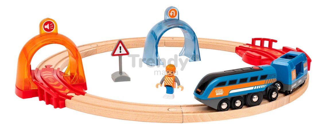 Drevená vláčikodráha s interaktívnym tunelom World Train Set Smart Tech Sound Action Tunnel BRIO 14 dielov a elektronický vláčik s nahrávaním zvukov a