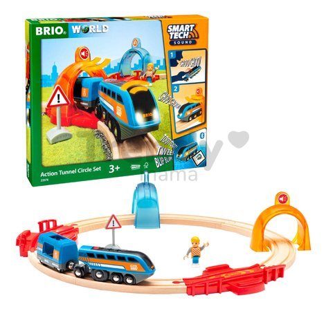 Drevená vláčikodráha s interaktívnym tunelom World Train Set Smart Tech Sound Action Tunnel BRIO 14 dielov a elektronický vláčik s nahrávaním zvukov a