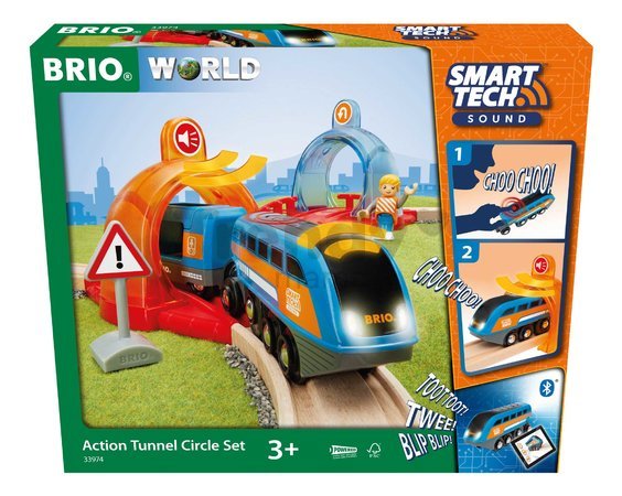 Drevená vláčikodráha s interaktívnym tunelom World Train Set Smart Tech Sound Action Tunnel BRIO 14 dielov a elektronický vláčik s nahrávaním zvukov a