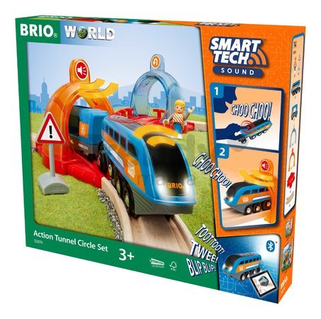 Drevená vláčikodráha s interaktívnym tunelom World Train Set Smart Tech Sound Action Tunnel BRIO 14 dielov a elektronický vláčik s nahrávaním zvukov a