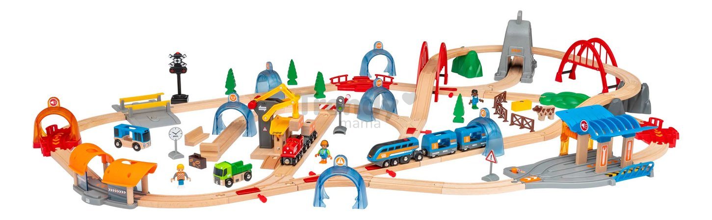 Drevená vláčikodráha a elektronický vláčik World Train Action Tunnel Deluxe Set BRIO so zvukom a svetlom a interaktívne tunely s pripojením na aplikác