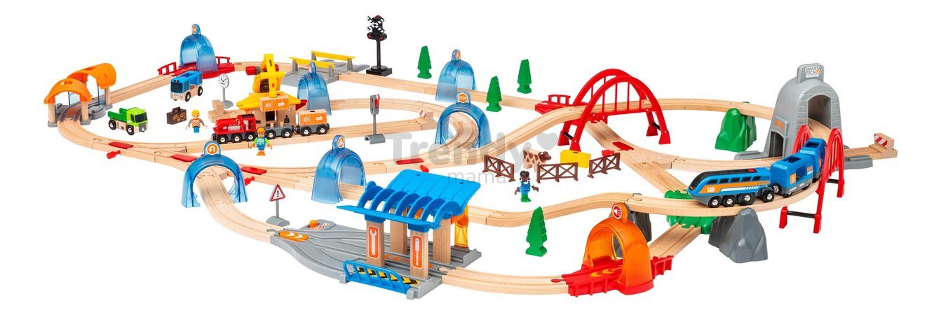 Drevená vláčikodráha a elektronický vláčik World Train Action Tunnel Deluxe Set BRIO so zvukom a svetlom a interaktívne tunely s pripojením na aplikác