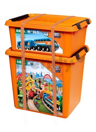 Drevená vláčikodráha a elektronický vláčik World Train Action Tunnel Deluxe Set BRIO so zvukom a svetlom a interaktívne tunely s pripojením na aplikác