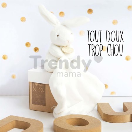 Plyšový zajačik na maznanie Bunny Flower Box Doudou et Compagnie biely 10 cm v darčekovom balení od 0 mes