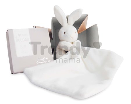 Plyšový zajačik na maznanie Bunny Flower Box Doudou et Compagnie biely 10 cm v darčekovom balení od 0 mes