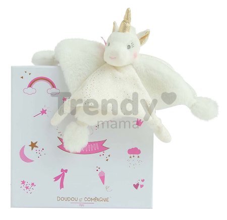 Plyšový jednorožec na maznanie Unicorn Lucie la Licorne Doudou et Compagnie biely 25 cm v darčekovom balení od 0 mes