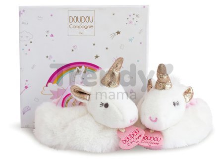 Papučky pre bábätko s hrkálkou Unicorn Lucie la Licorne Doudou et Compagnie biele v darčekovom balení od 0-6 mes