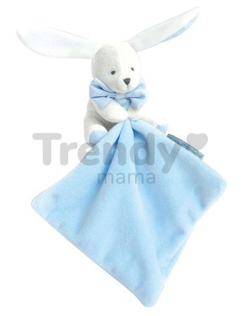 Plyšový zajačik na maznanie Bunny Flower Box Doudou et Compagnie modrý 10 cm v darčekovom balení od 0 mes