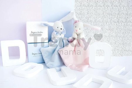 Plyšový zajačik na maznanie Bunny Flower Box Doudou et Compagnie modrý 10 cm v darčekovom balení od 0 mes
