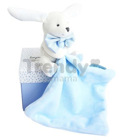 Plyšový zajačik na maznanie Bunny Flower Box Doudou et Compagnie modrý 10 cm v darčekovom balení od 0 mes