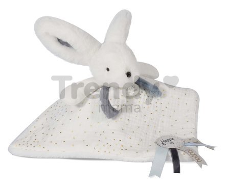 Plyšový zajačik na maznanie Bunny Happy Glossy Doudou et Compagnie biely 25 cm v darčekovom balení od 0 mes