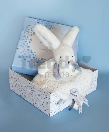 Plyšový zajačik na maznanie Bunny Happy Glossy Doudou et Compagnie biely 25 cm v darčekovom balení od 0 mes