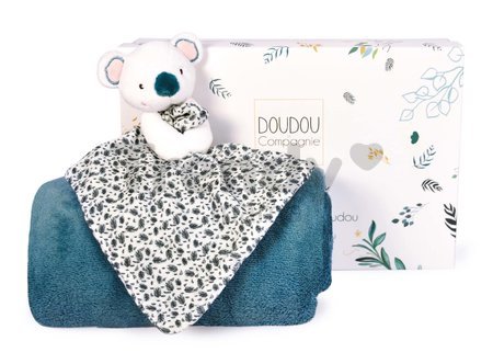 Deka pre najmenších Yoca le Koala Doudou et Compagnie s plyšovou koalou na maznanie modrá 70*100 cm v darčekovom balení od 0 mes